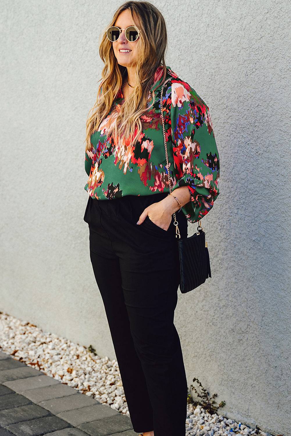 Plus Size Printed Johnny Collar Long Sleeve Blouse - Carri's Cache