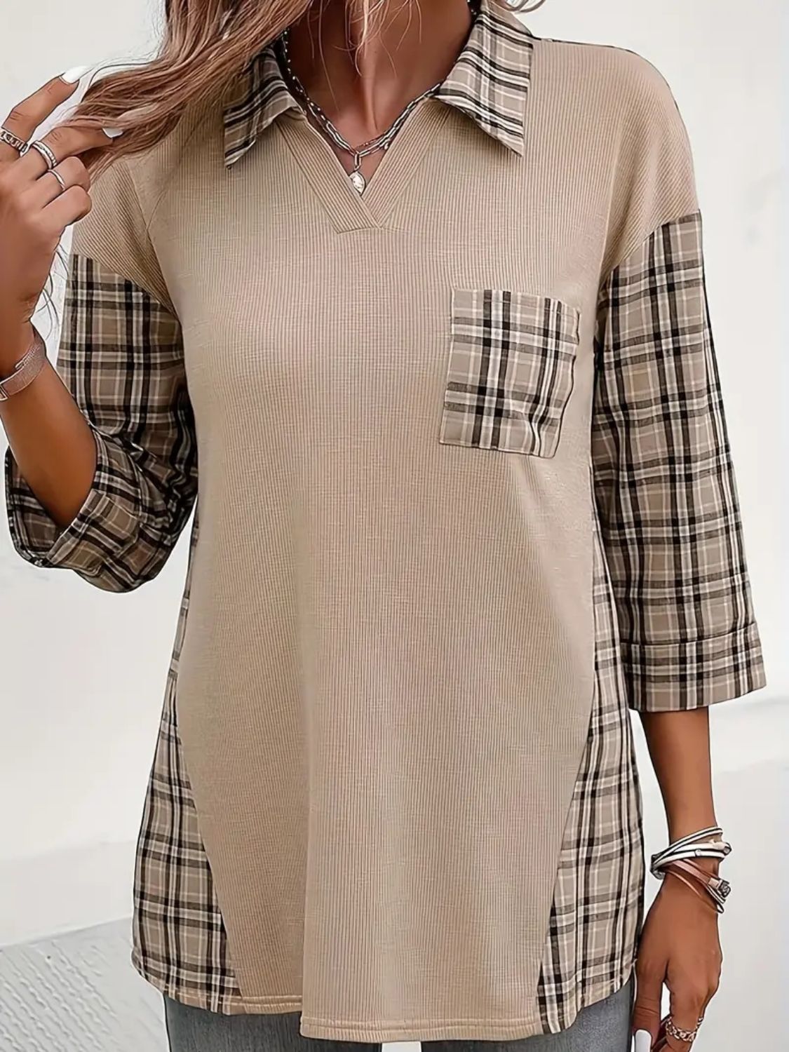 Plaid Johhny Collar Three-Quarter Sleeve T-Shirt - Carri's Cache
