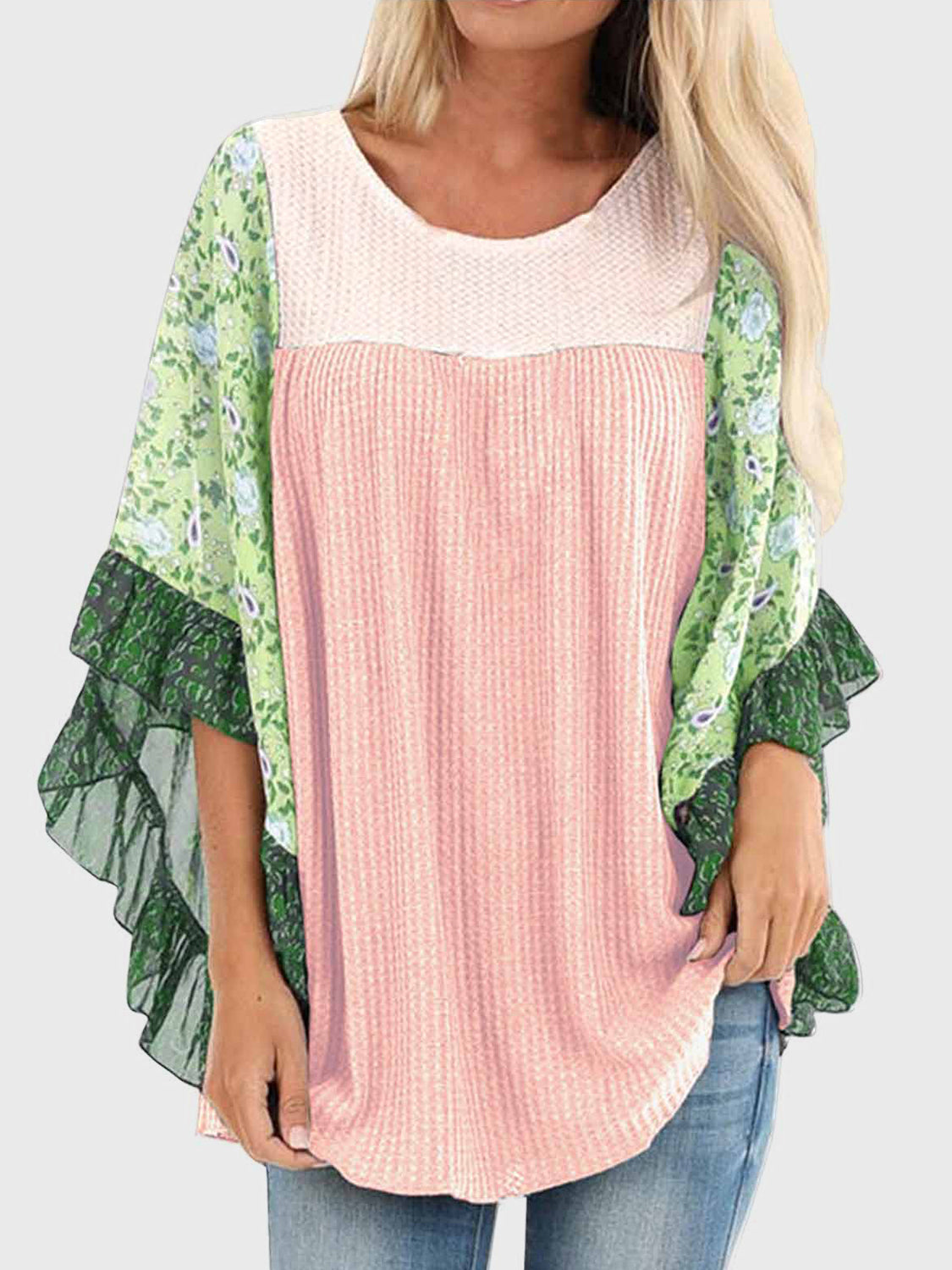 Full Size Printed Round Neck Three-Quarter Sleeve Blouse - Carri's Cache