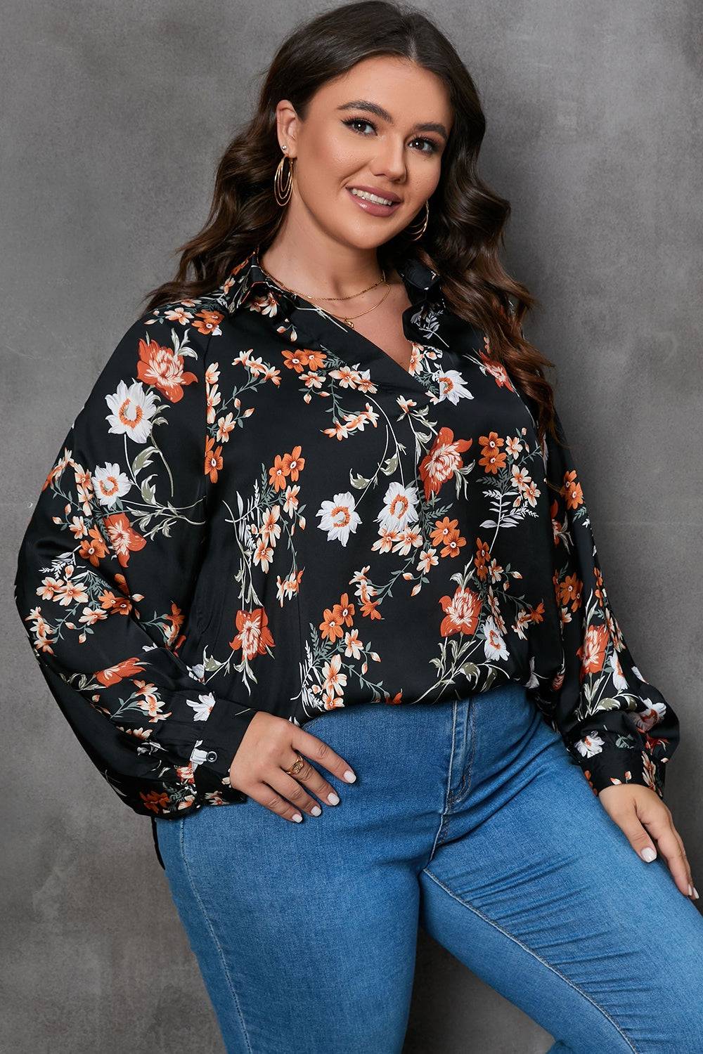 Plus Size Printed Johnny Collar Long Sleeve Blouse - Carri's Cache