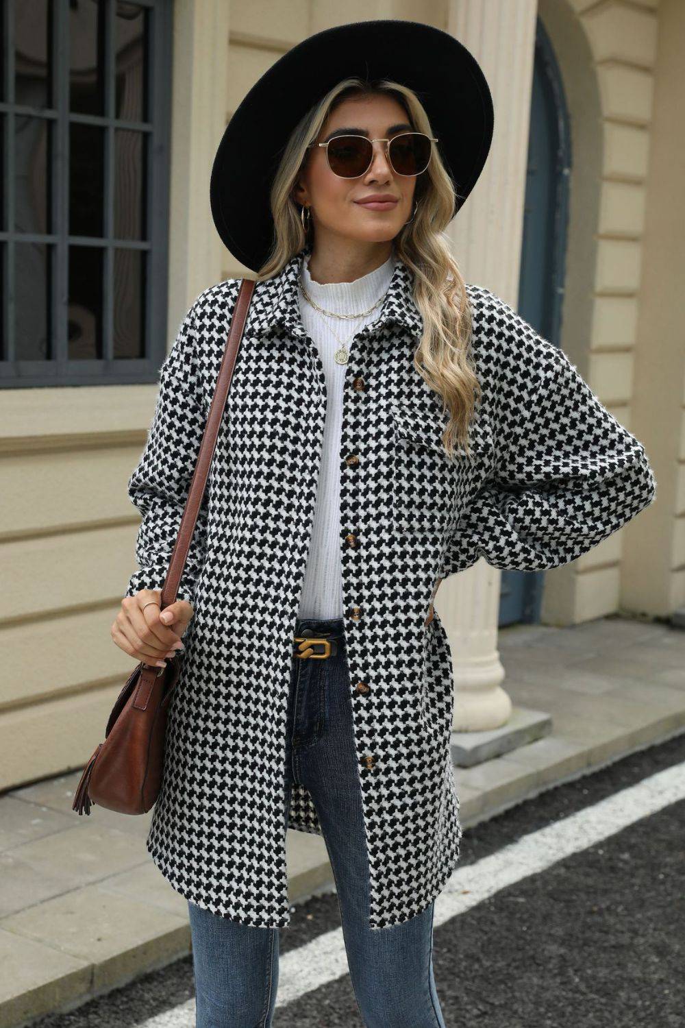 Houndstooth Button Up Dropped Shoulder Coat - Carri's Cache