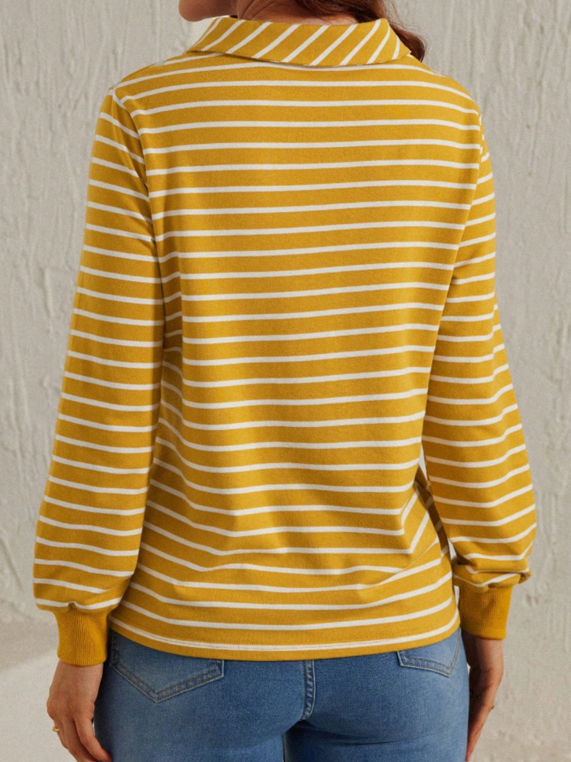Striped Johnny Collar Long Sleeve T-Shirt - Carri's Cache
