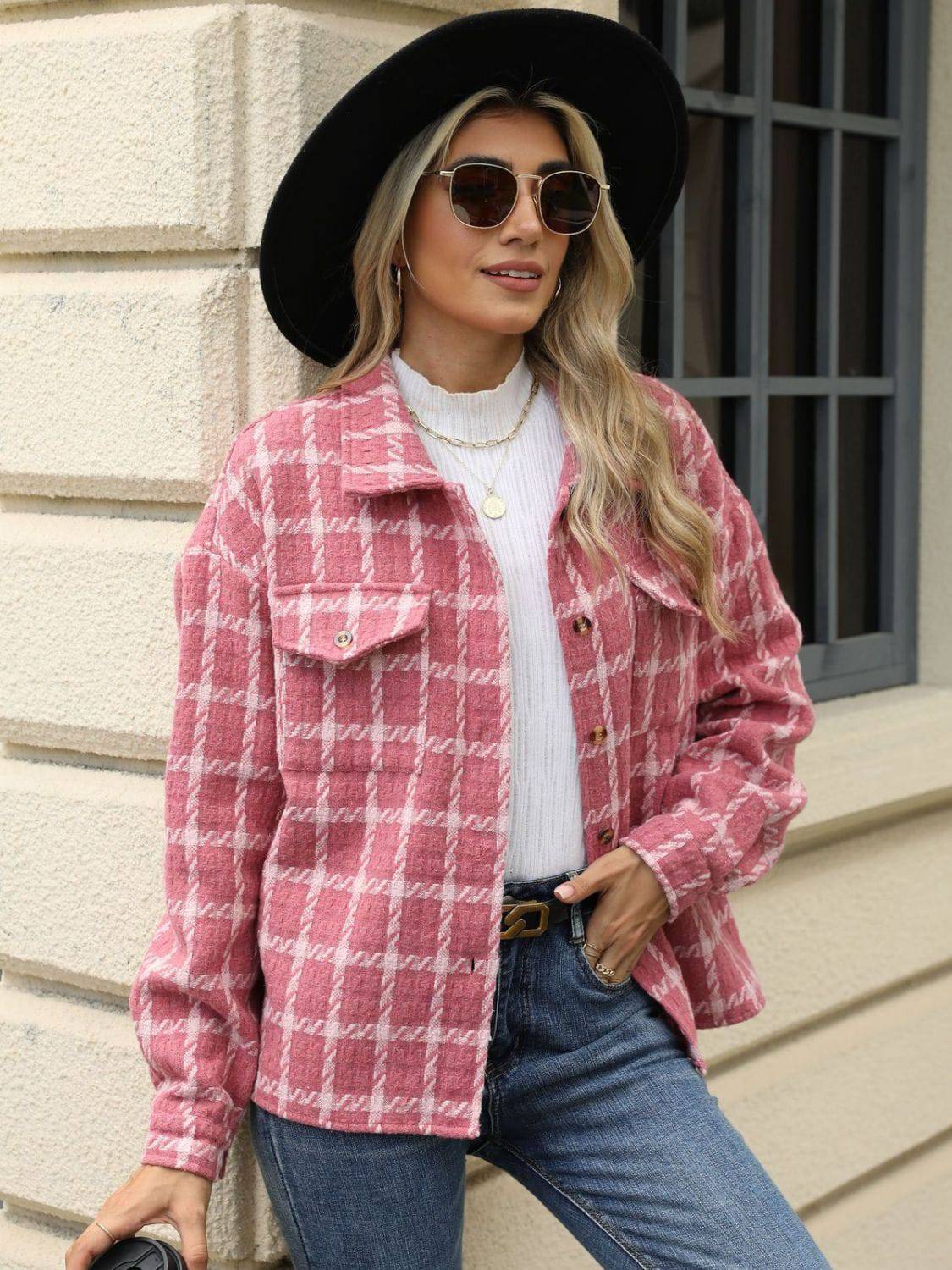 Plaid Collared Neck Long Sleeve Jacket - Carri's Cache