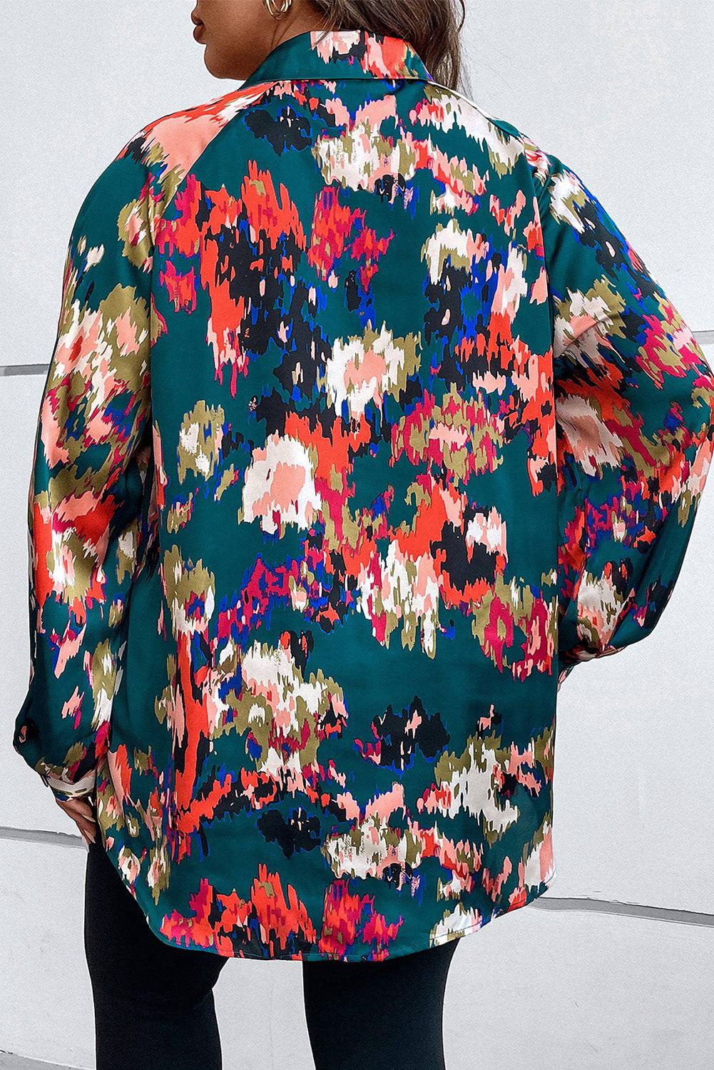 Plus Size Printed Johnny Collar Long Sleeve Blouse - Carri's Cache