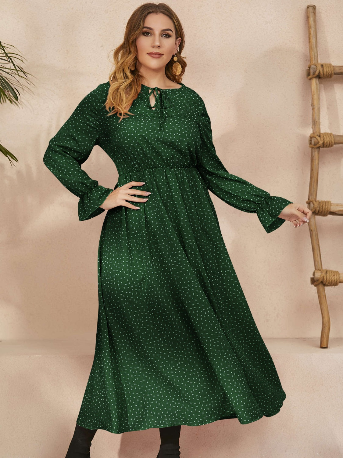 Honey Plus Size Ruffled Polka Dot Long Sleeve Midi Dress - Carri's Cache