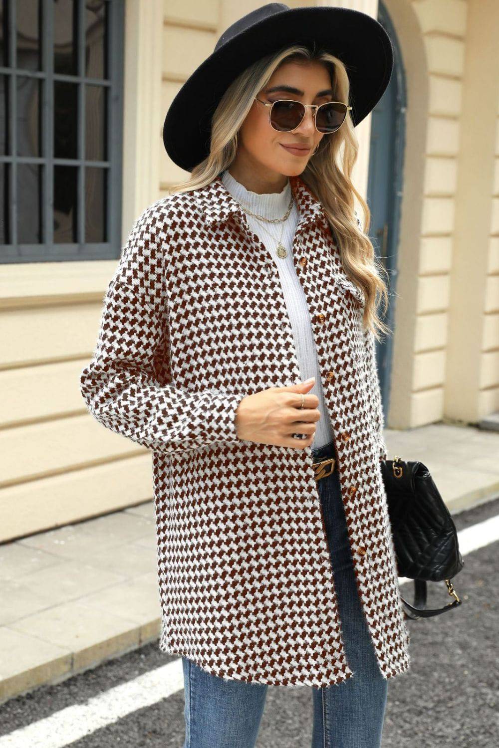 Houndstooth Button Up Dropped Shoulder Coat - Carri's Cache