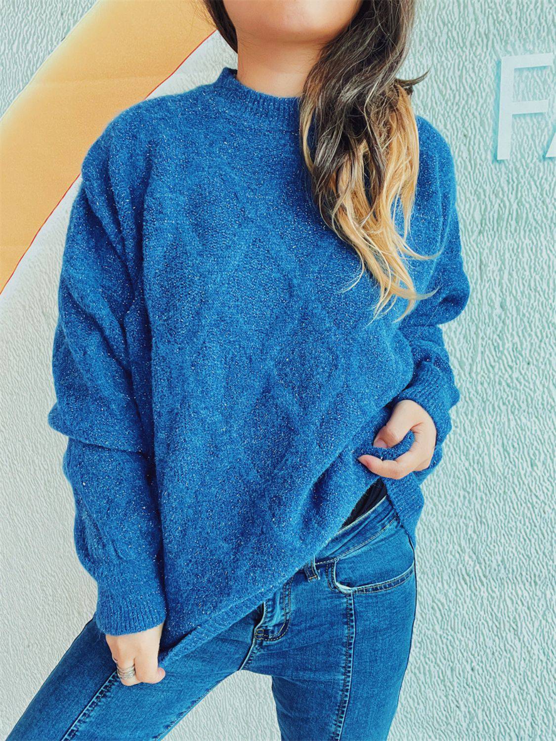 Diamond Round Neck Long Sleeve Sweater - Carri's Cache