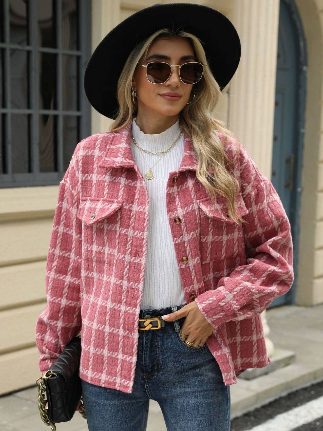 Plaid Collared Neck Long Sleeve Jacket - Carri's Cache