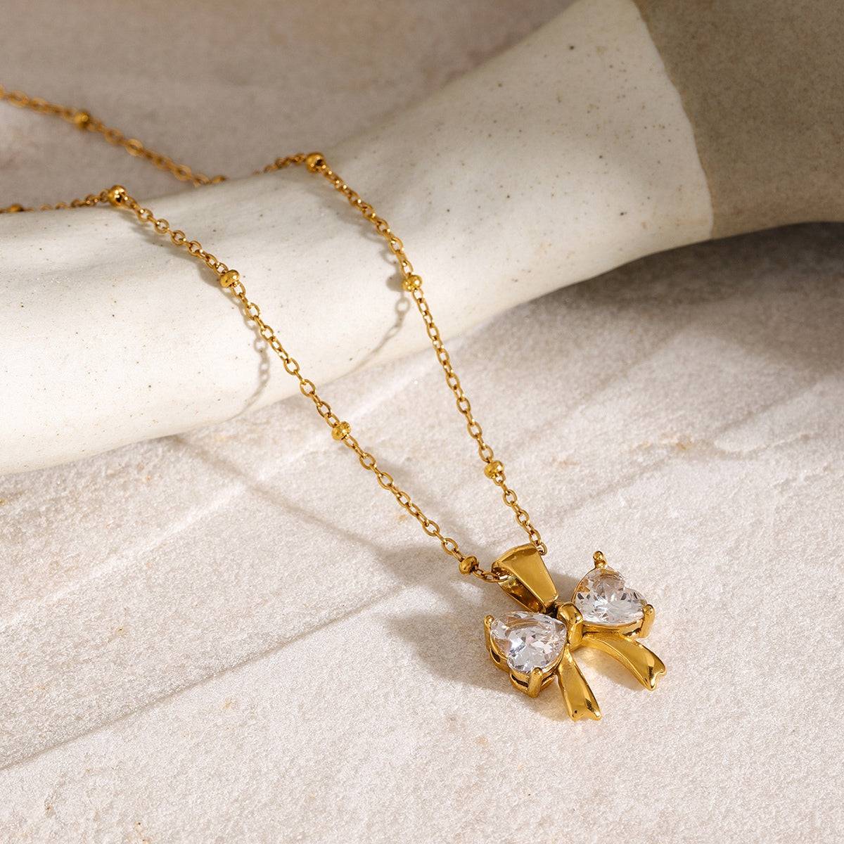 Stainless Steel Inlaid Zircon Bow Necklace - Carri's Cache