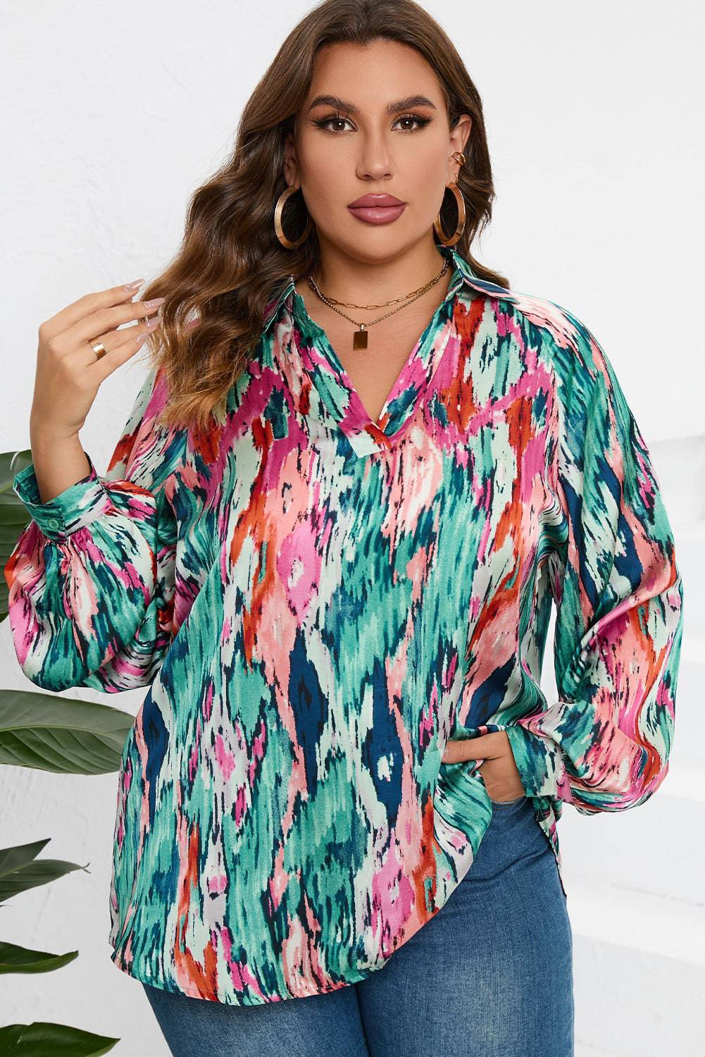 Plus Size Printed Johnny Collar Long Sleeve Blouse - Carri's Cache