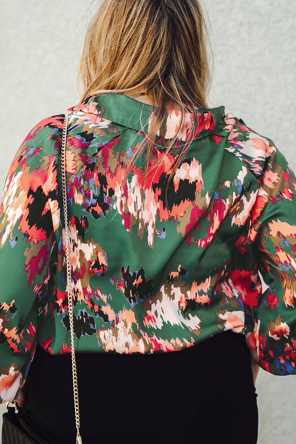 Plus Size Printed Johnny Collar Long Sleeve Blouse - Carri's Cache