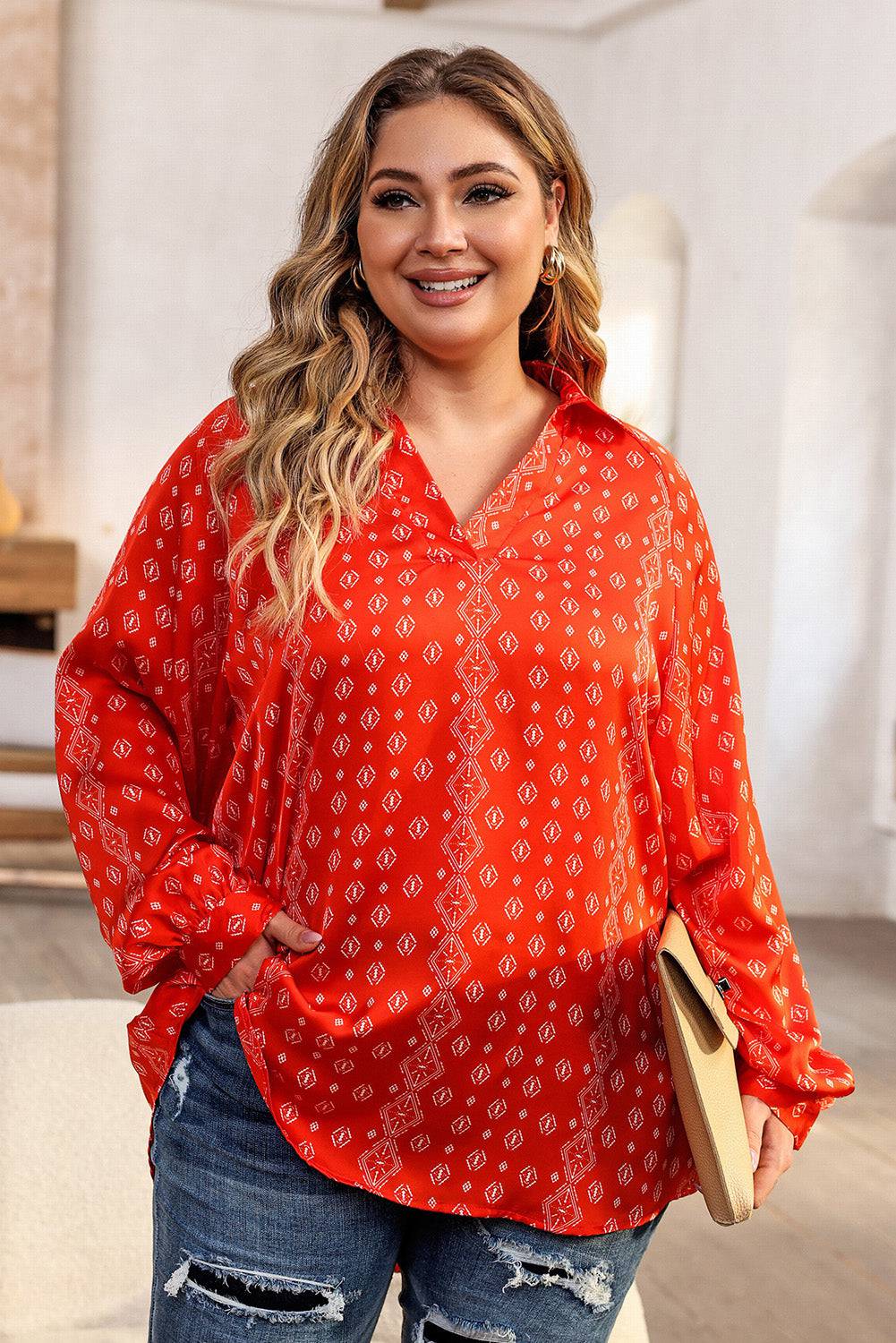 Plus Size Printed Johnny Collar Long Sleeve Blouse - Carri's Cache