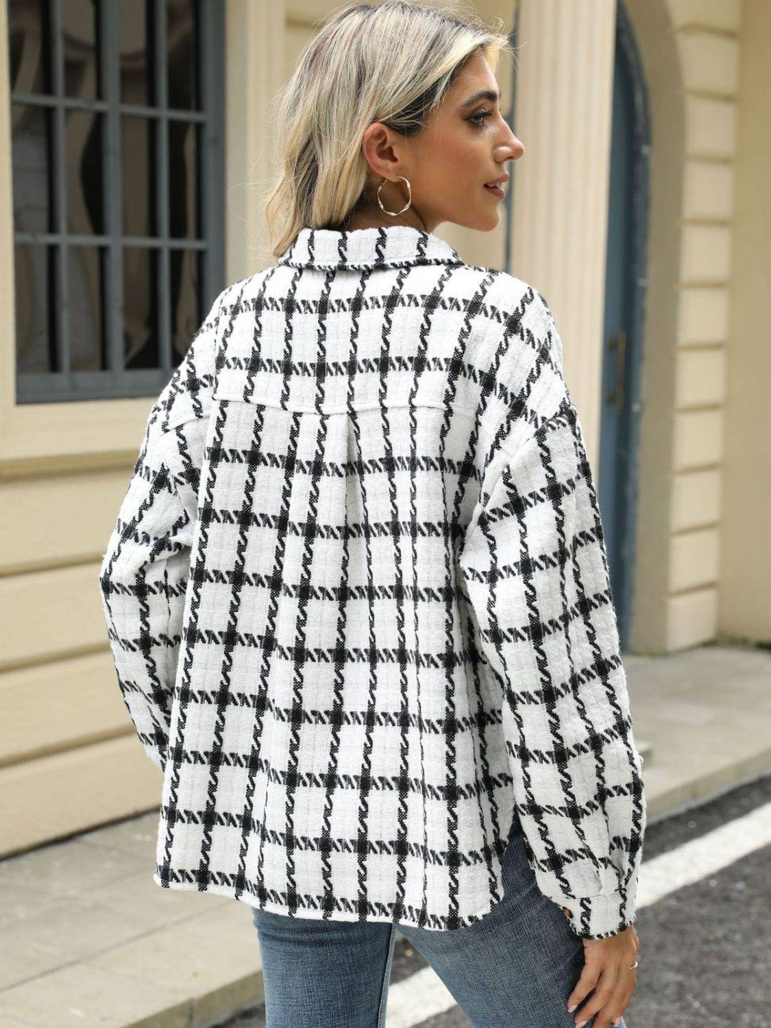 Plaid Collared Neck Long Sleeve Jacket - Carri's Cache