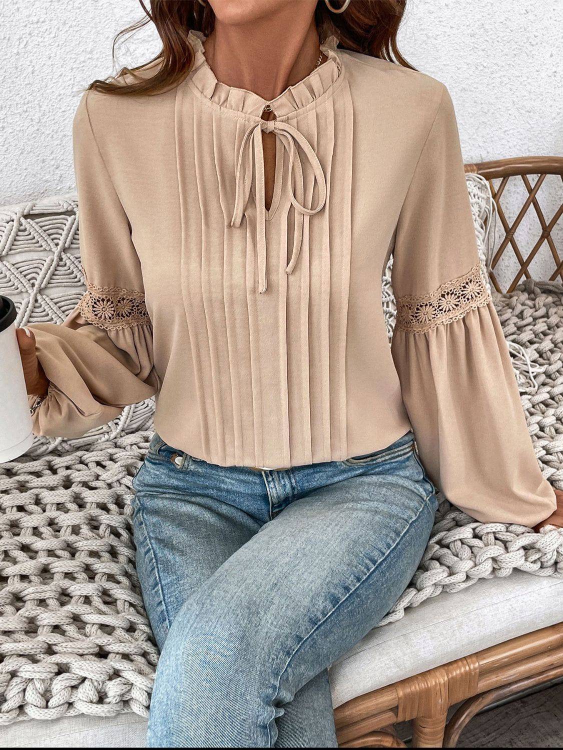 Perfee Frill Tie Neck Long Sleeve Blouse - Carri's Cache