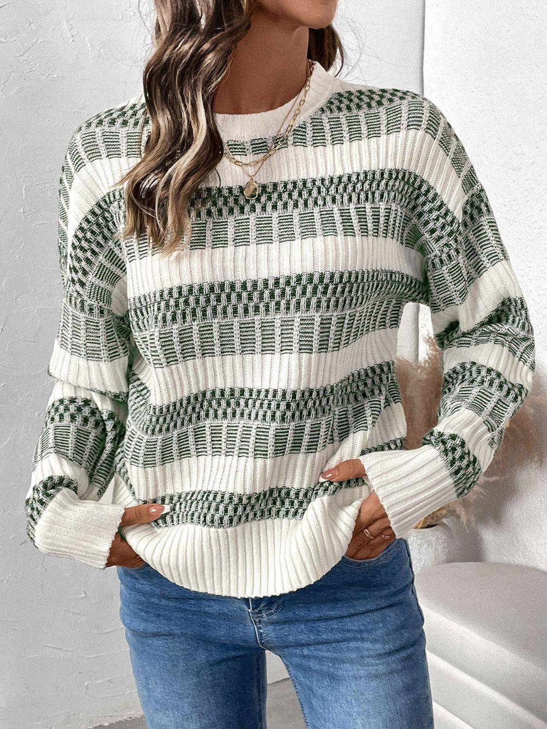 Perfee Contrast Round Neck Long Sleeve Sweater - Carri's Cache