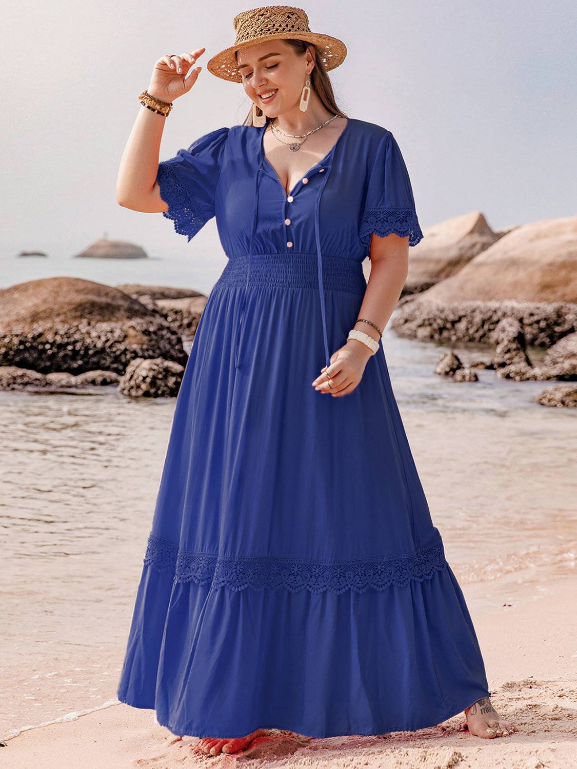 Plus Size Lace Detail Tie Neck Short Sleeve Maxi Dress - Carri's Cache
