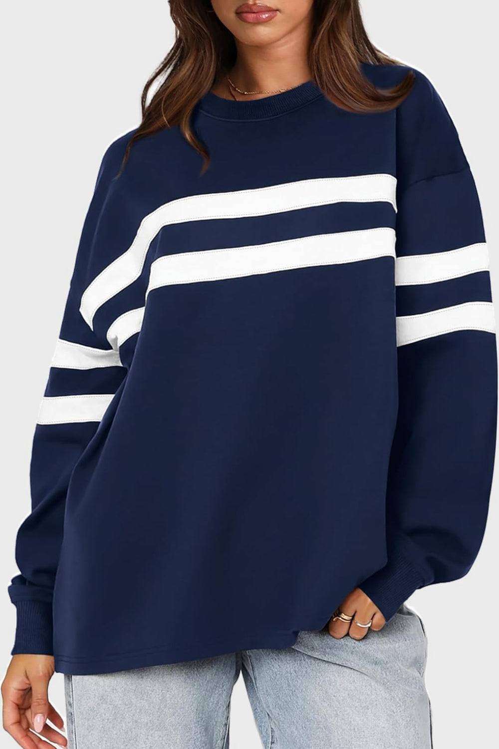 Lovelet Striped Round Neck Dropped Shoulder Sweatshirt - Carri's Cache