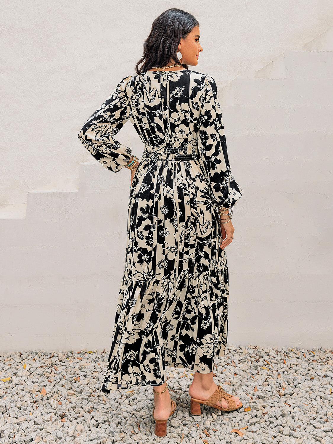 Smocked Printed Tie Neck Long Sleeve Dress - Carri's Cache