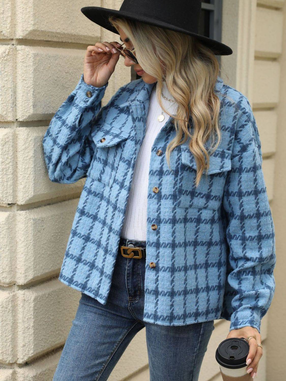 Plaid Collared Neck Long Sleeve Jacket - Carri's Cache