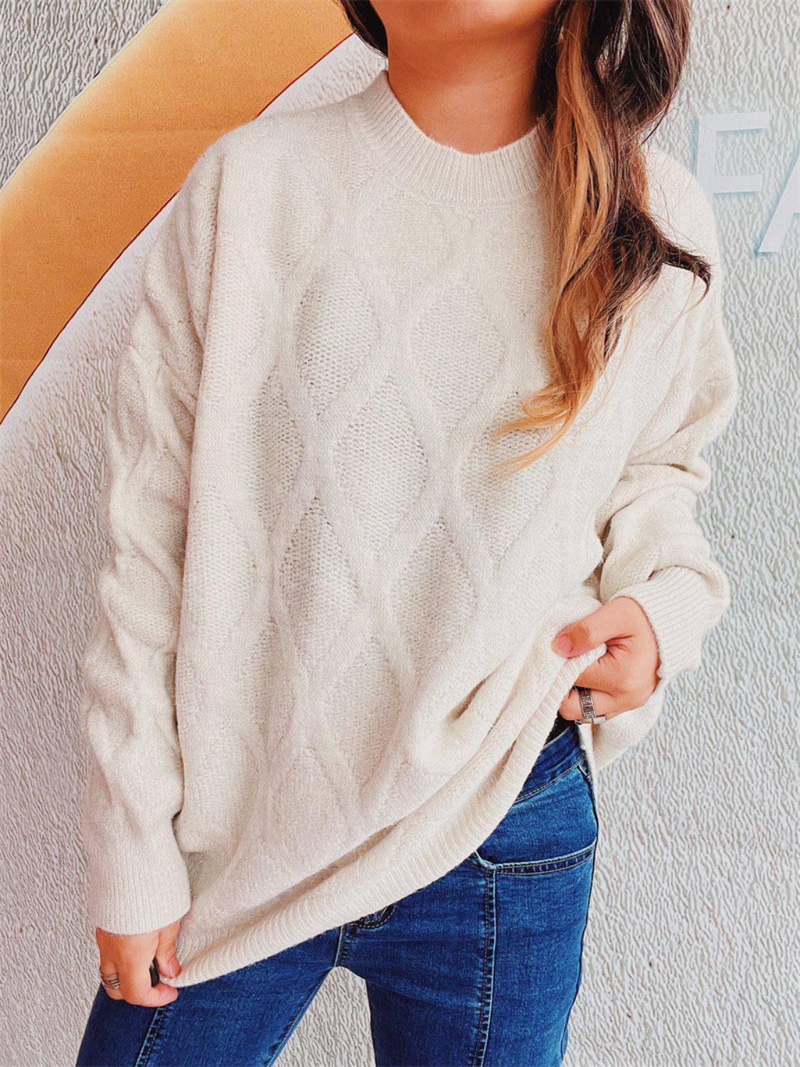 Diamond Round Neck Long Sleeve Sweater - Carri's Cache