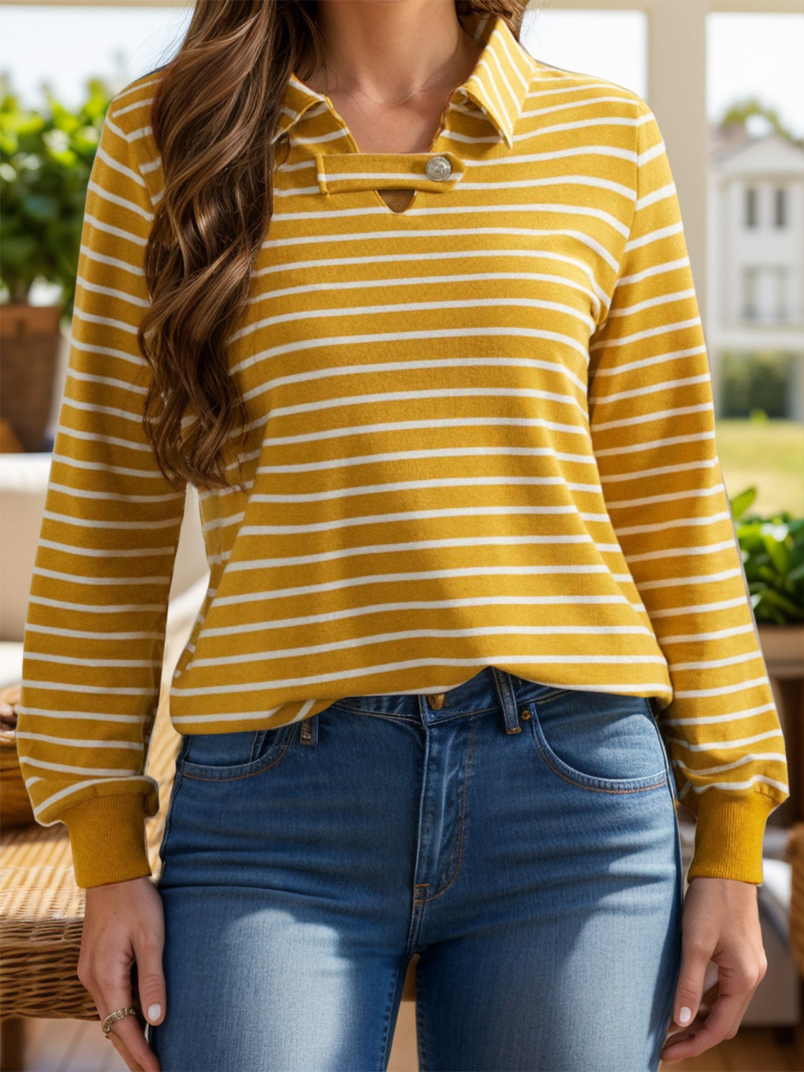 Striped Johnny Collar Long Sleeve T-Shirt - Carri's Cache