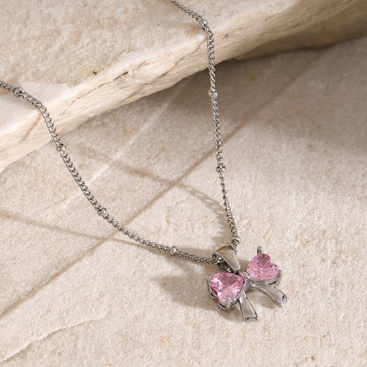 Stainless Steel Inlaid Zircon Bow Necklace - Carri's Cache