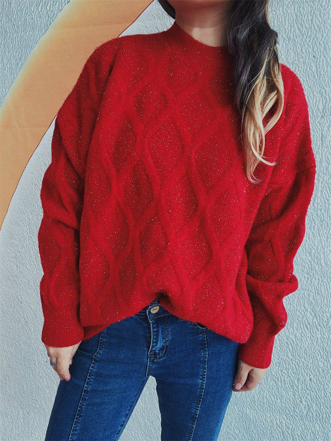 Diamond Round Neck Long Sleeve Sweater - Carri's Cache