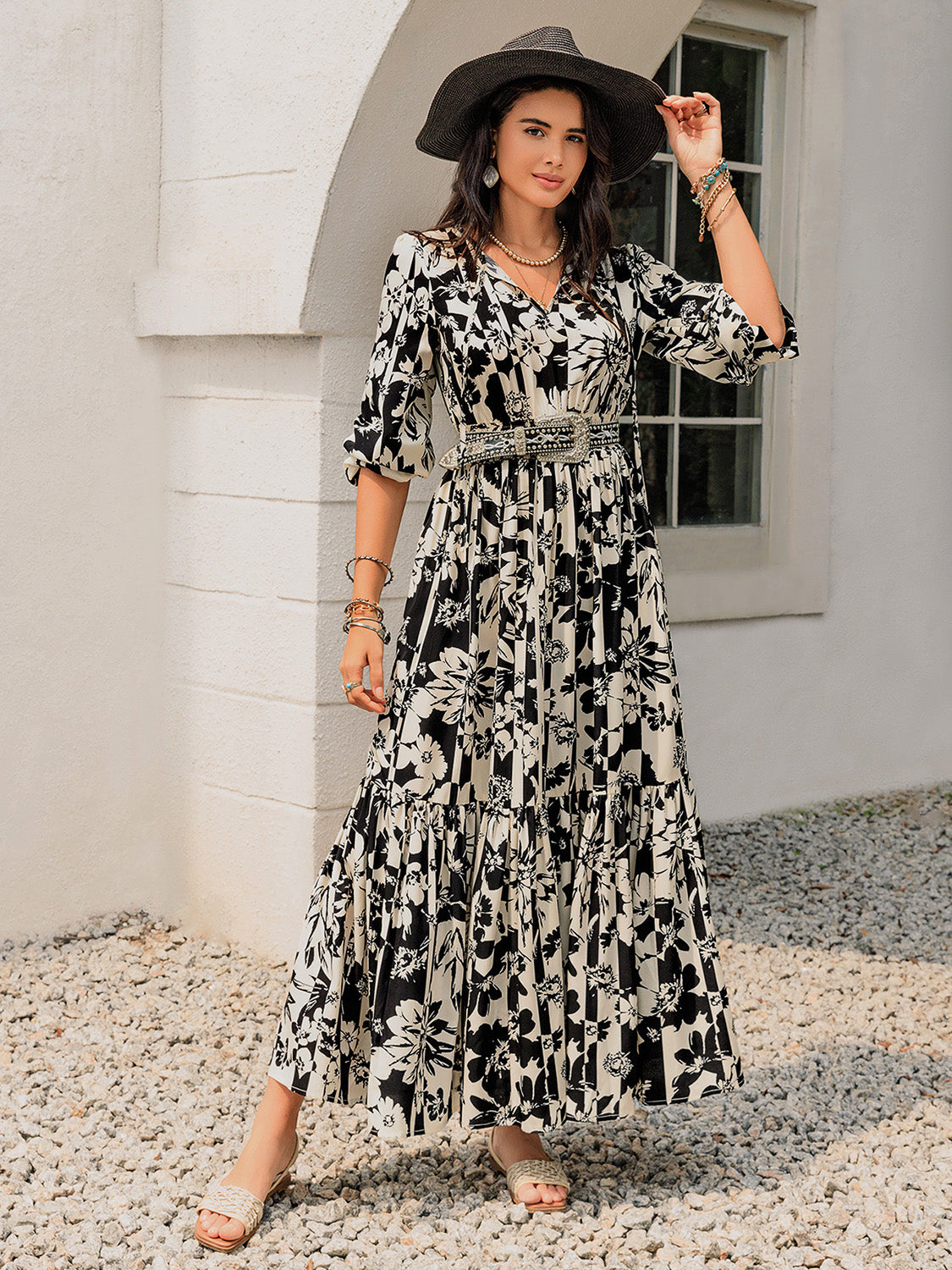 Smocked Printed Tie Neck Long Sleeve Dress - Carri's Cache