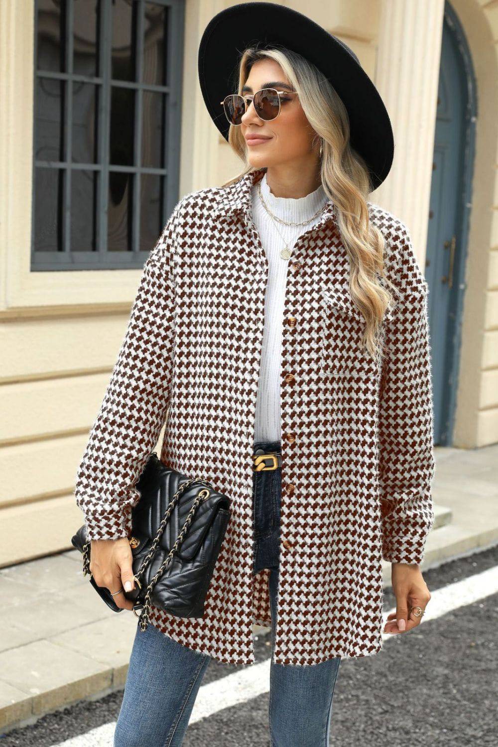 Houndstooth Button Up Dropped Shoulder Coat - Carri's Cache