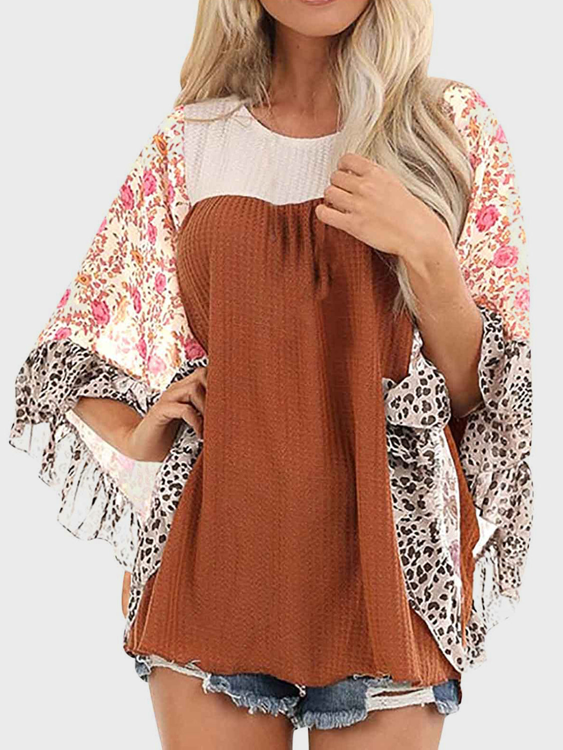 Full Size Printed Round Neck Three-Quarter Sleeve Blouse - Carri's Cache