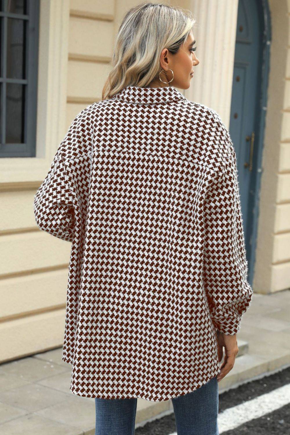 Houndstooth Button Up Dropped Shoulder Coat - Carri's Cache