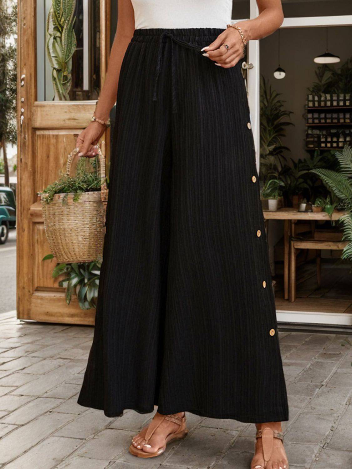 Tied Slit Wide Leg Pants - Carri's Cache