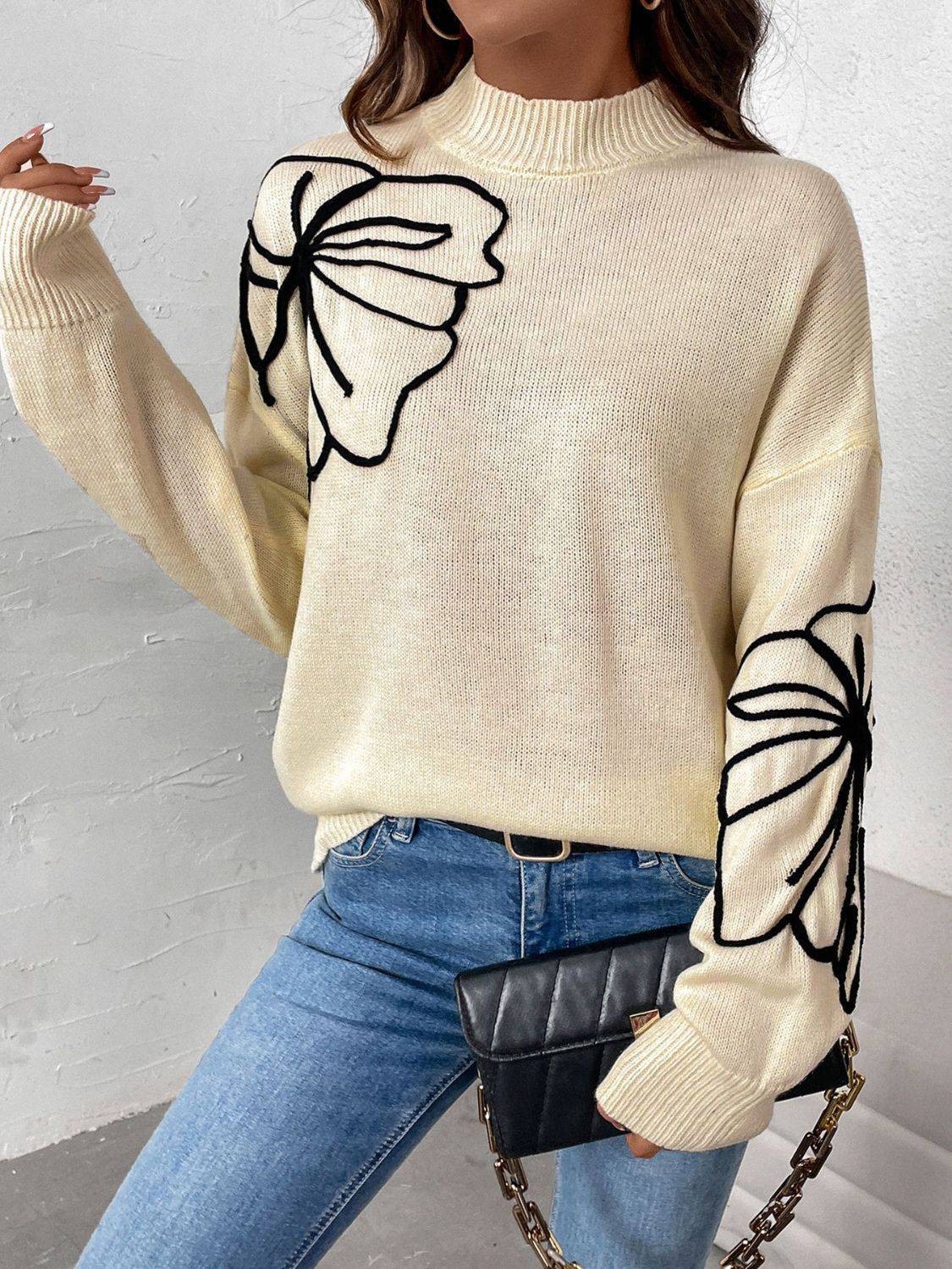 Perfee Mock Neck Dropped Shoulder Long Sleeve Sweater - Carri's Cache