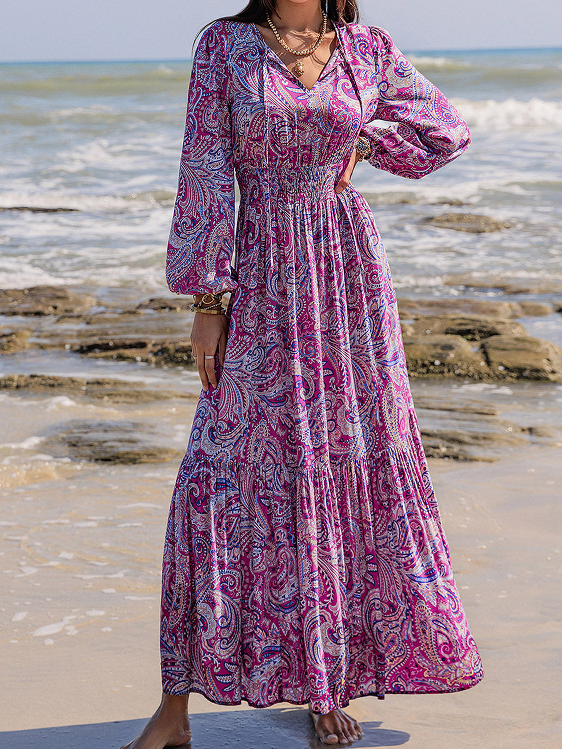 Printed Tie Neck Balloon Sleeve Maxi Dress - Carri's Cache