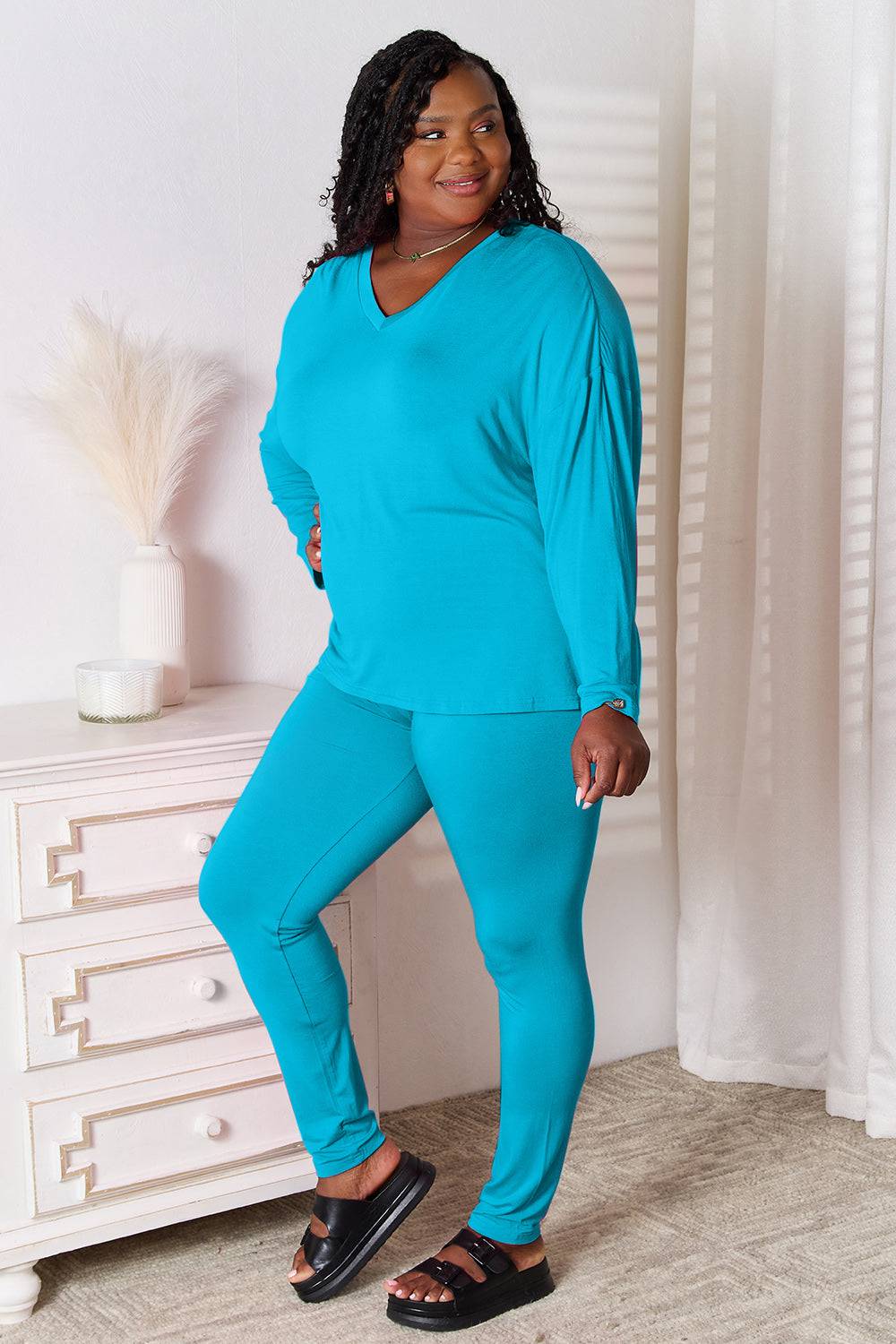 Basic Bae Full Size V-Neck Soft Rayon Long Sleeve Top and Pants Lounge Set - Carri's Cache