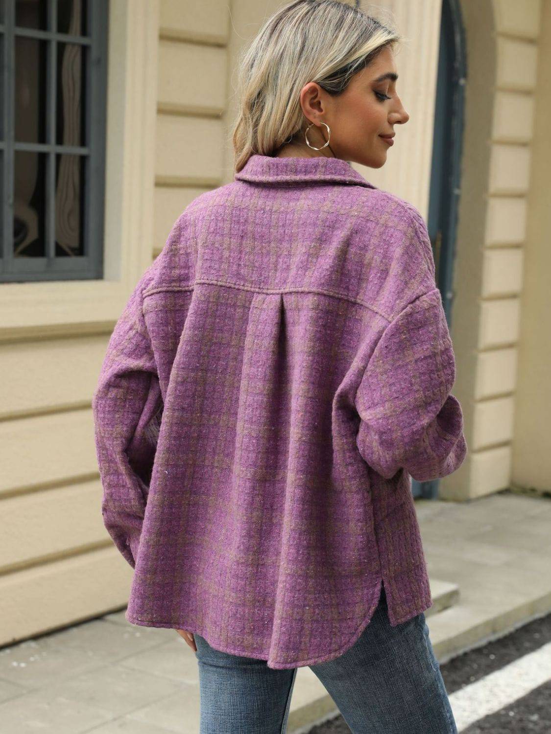 Plaid Collared Neck Long Sleeve Jacket - Carri's Cache