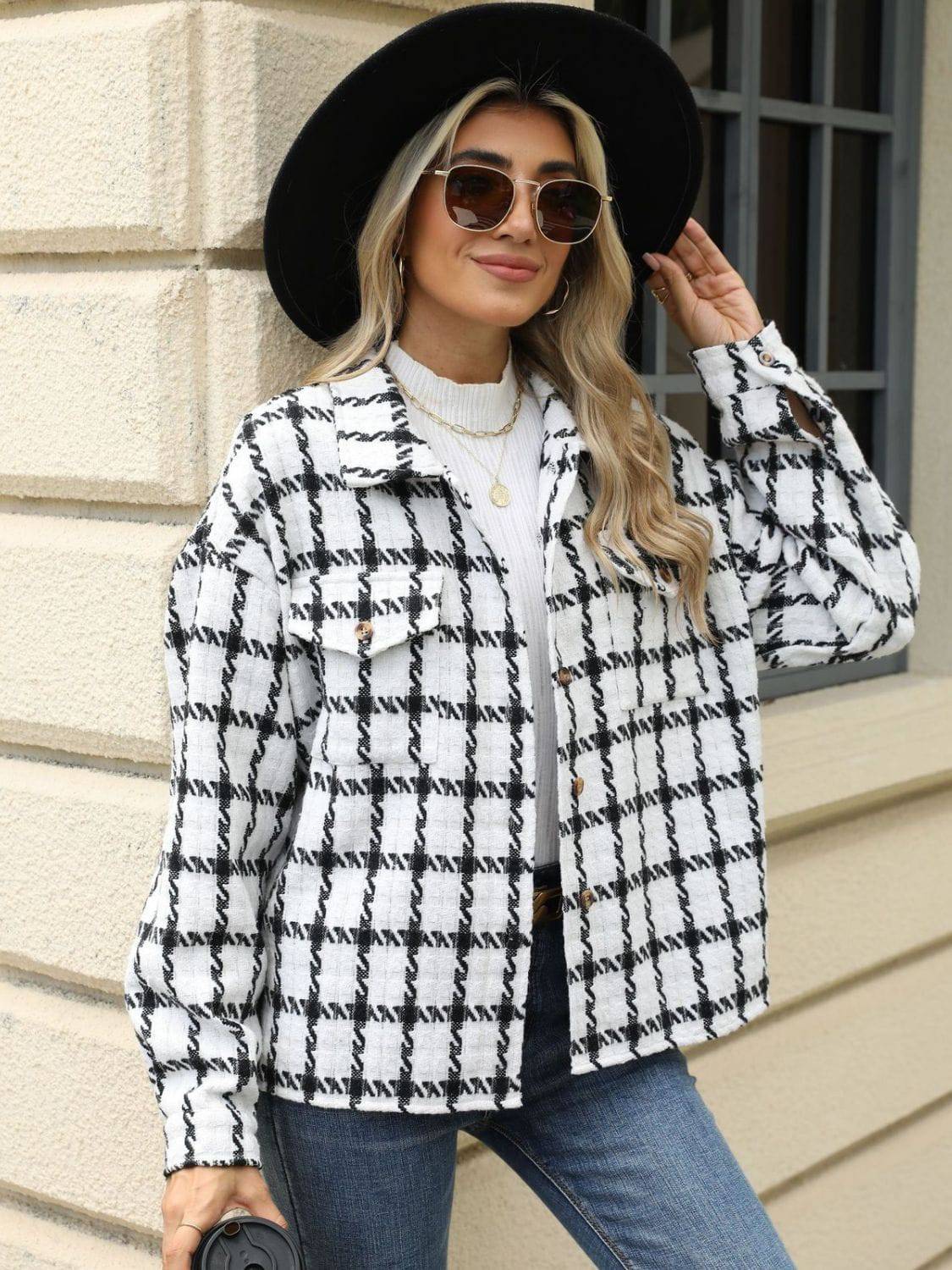 Plaid Collared Neck Long Sleeve Jacket - Carri's Cache