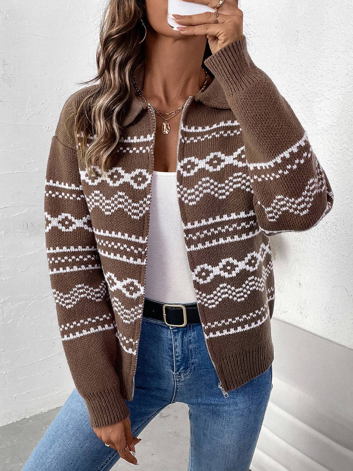 Perfee Geometric Zip Up Collared Neck Long Sleeve Cardigan - Carri's Cache