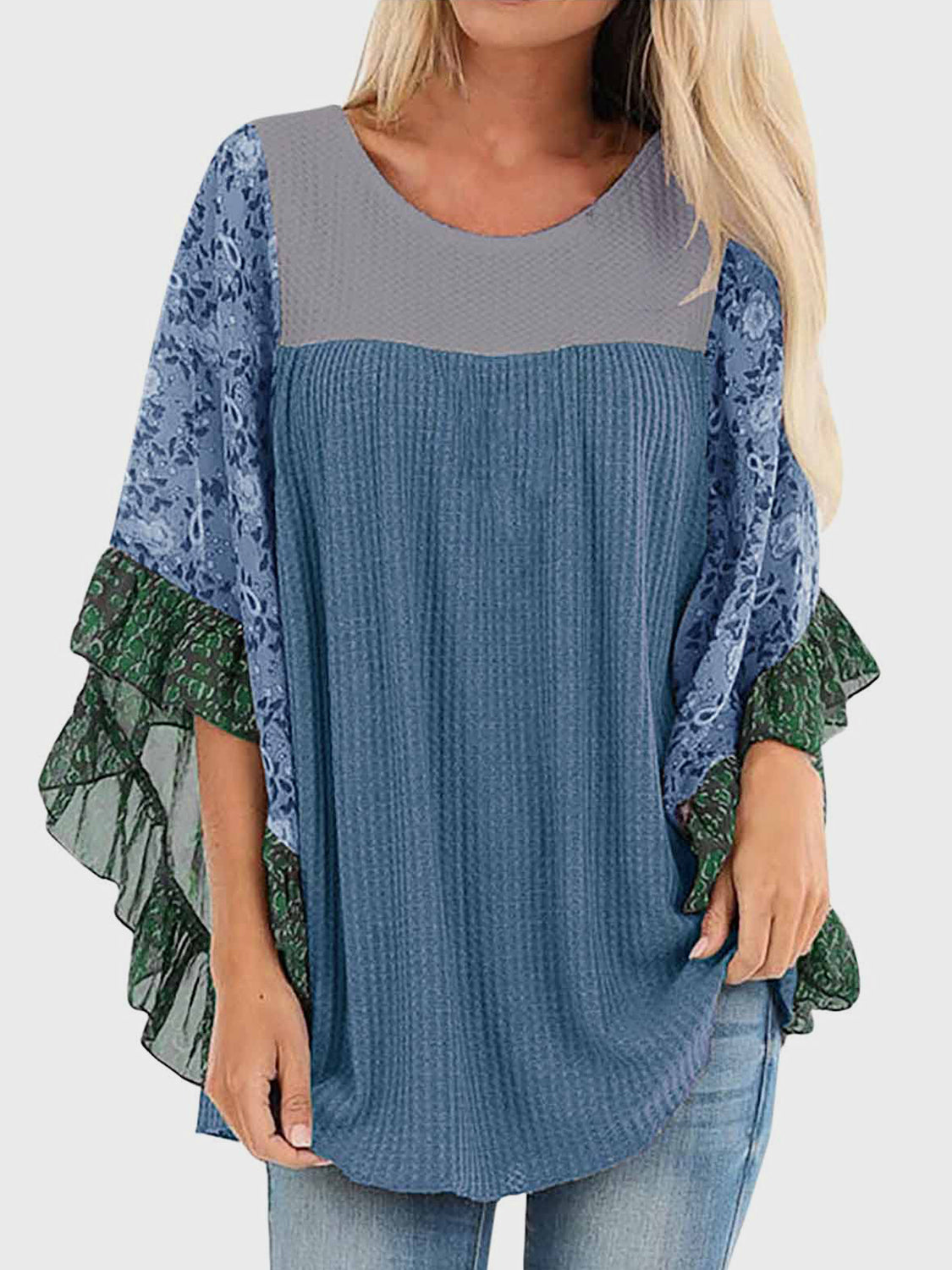 Full Size Printed Round Neck Three-Quarter Sleeve Blouse - Carri's Cache