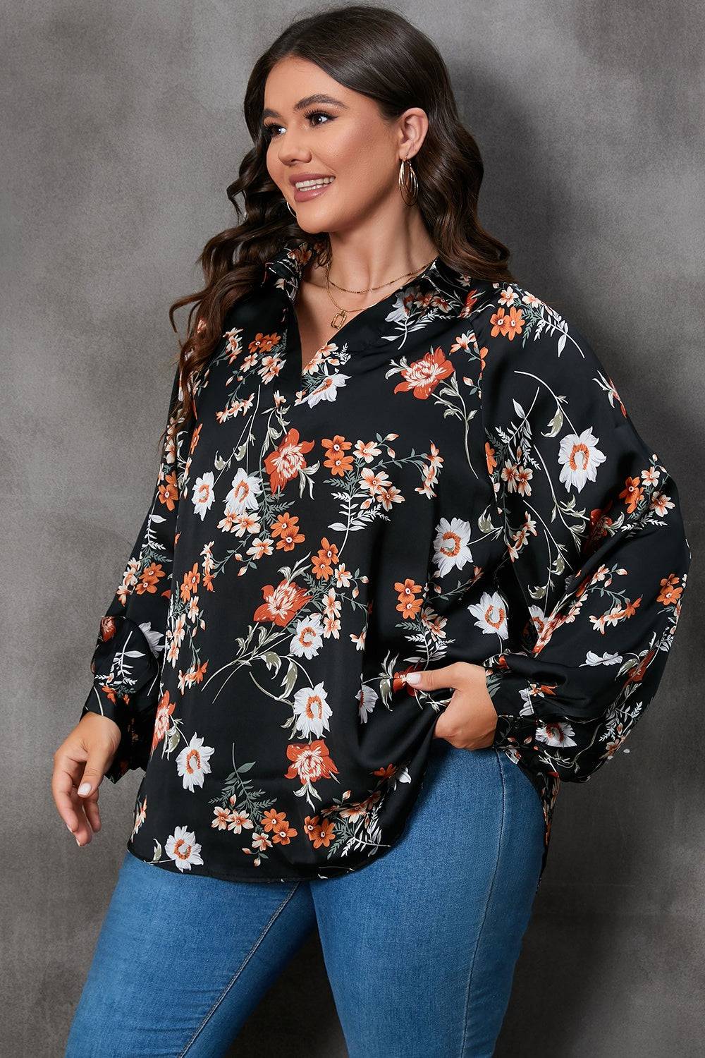 Plus Size Printed Johnny Collar Long Sleeve Blouse - Carri's Cache