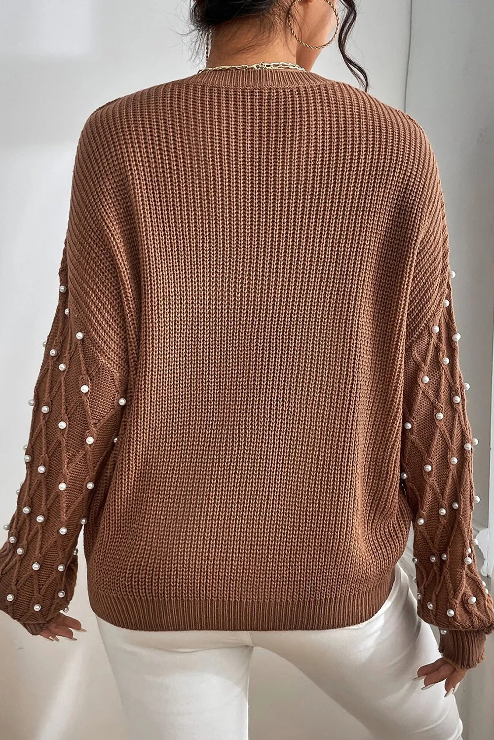Pearl Detail Round Neck Long Sleeve Sweater - Carri's Cache