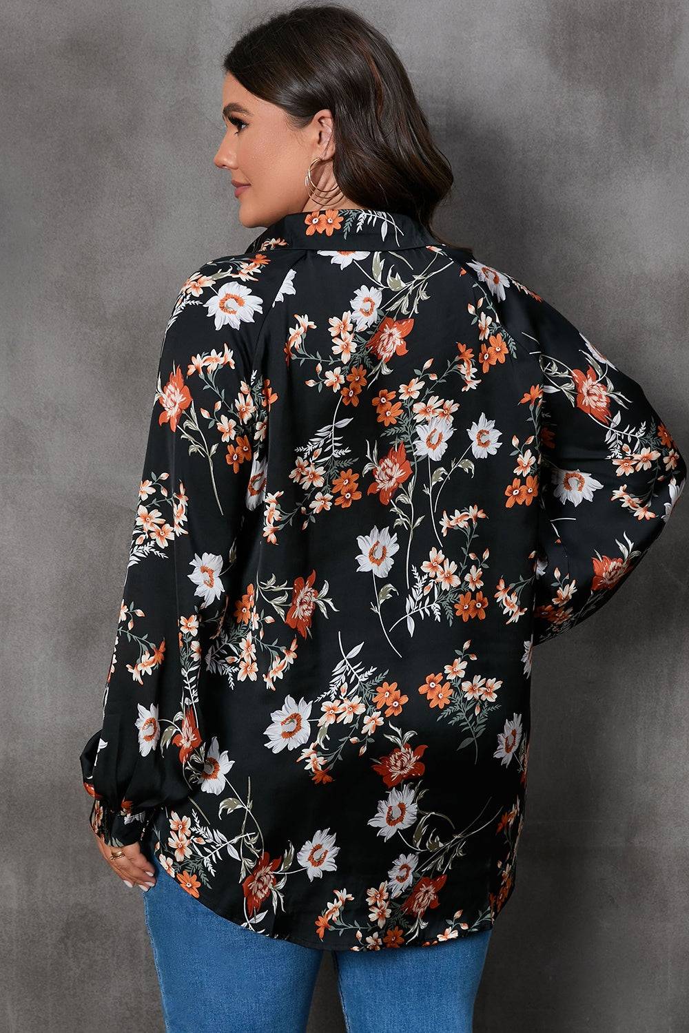 Plus Size Printed Johnny Collar Long Sleeve Blouse - Carri's Cache