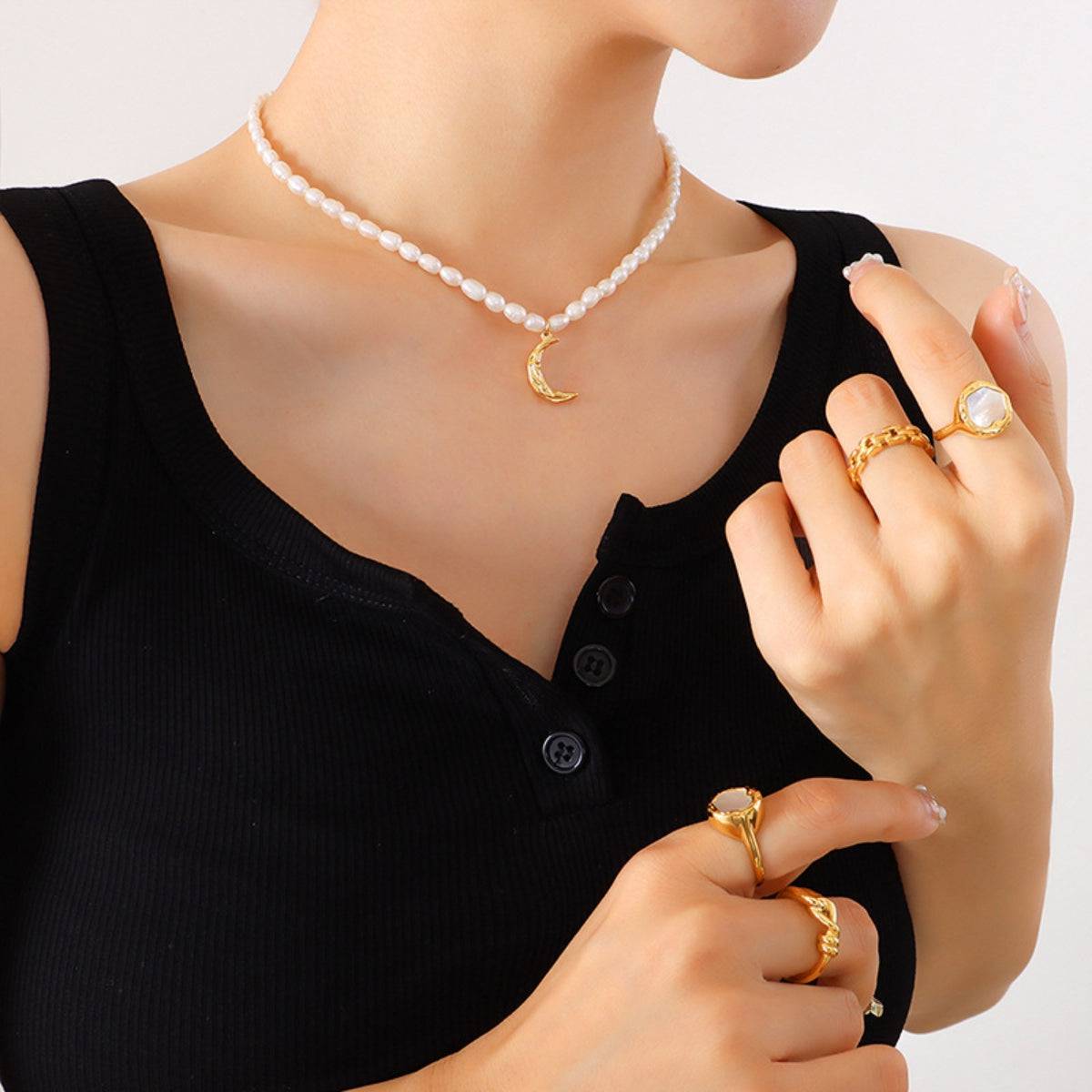 Pearl Titanium Steel Moon Shape Pendant Necklace - Carri's Cache