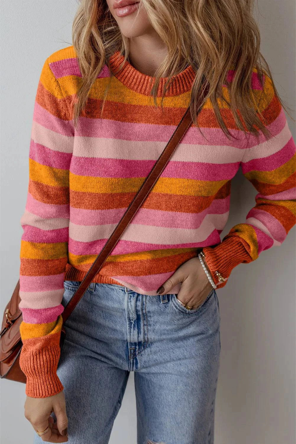 Striped Round Neck Long Sleeve Sweater - Carri's Cache