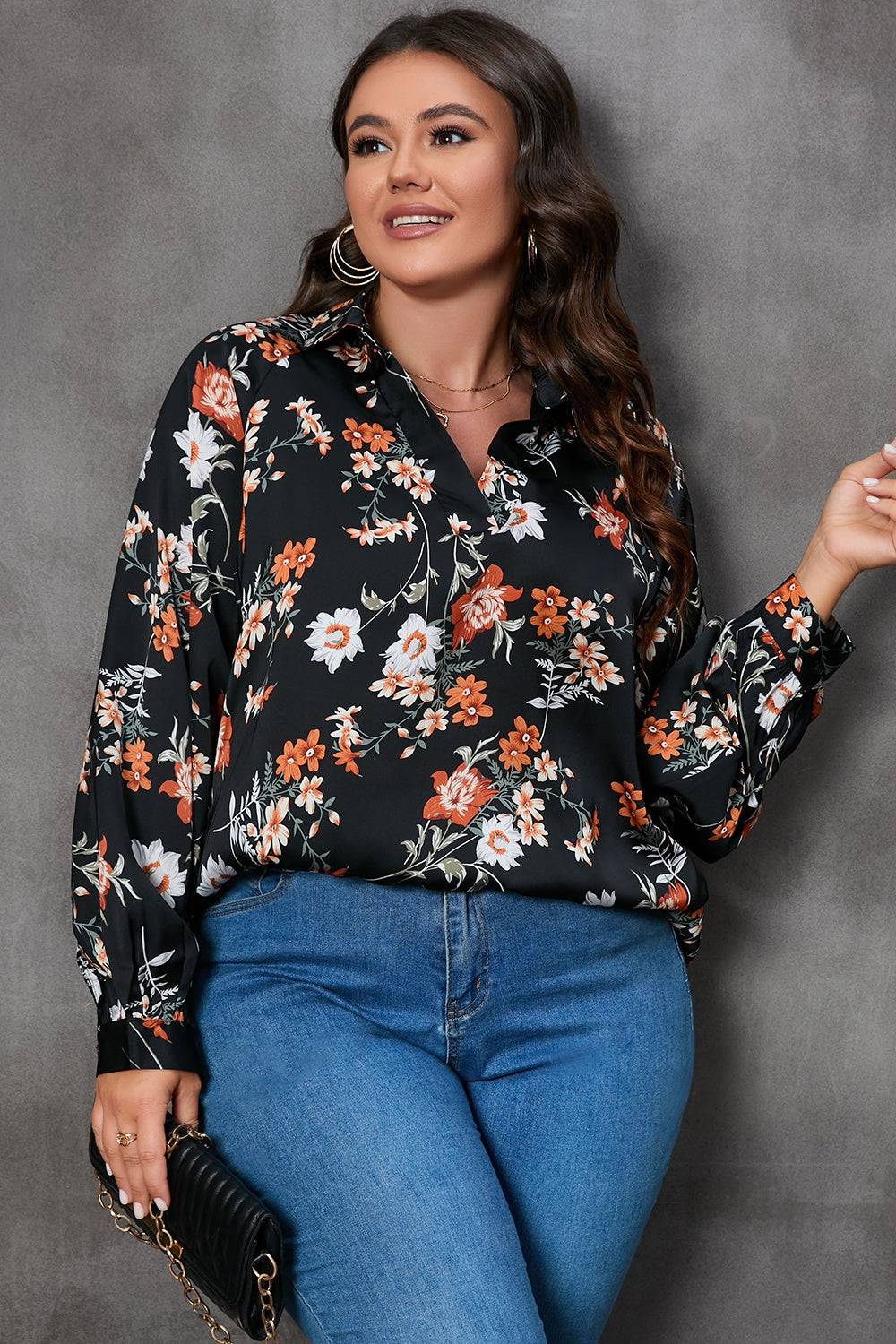Plus Size Printed Johnny Collar Long Sleeve Blouse - Carri's Cache
