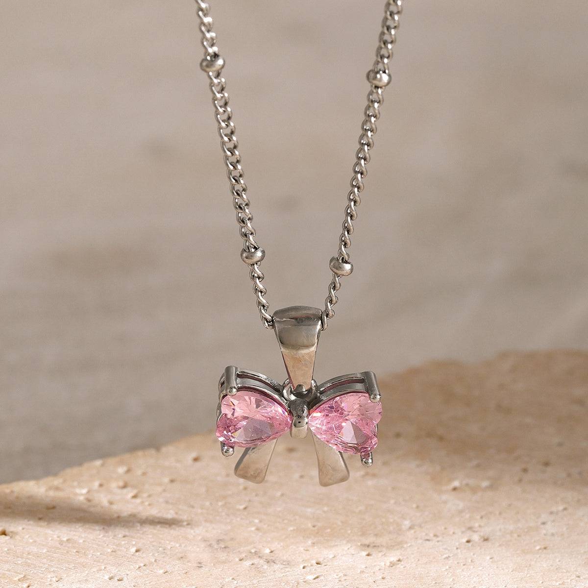 Stainless Steel Inlaid Zircon Bow Necklace - Carri's Cache
