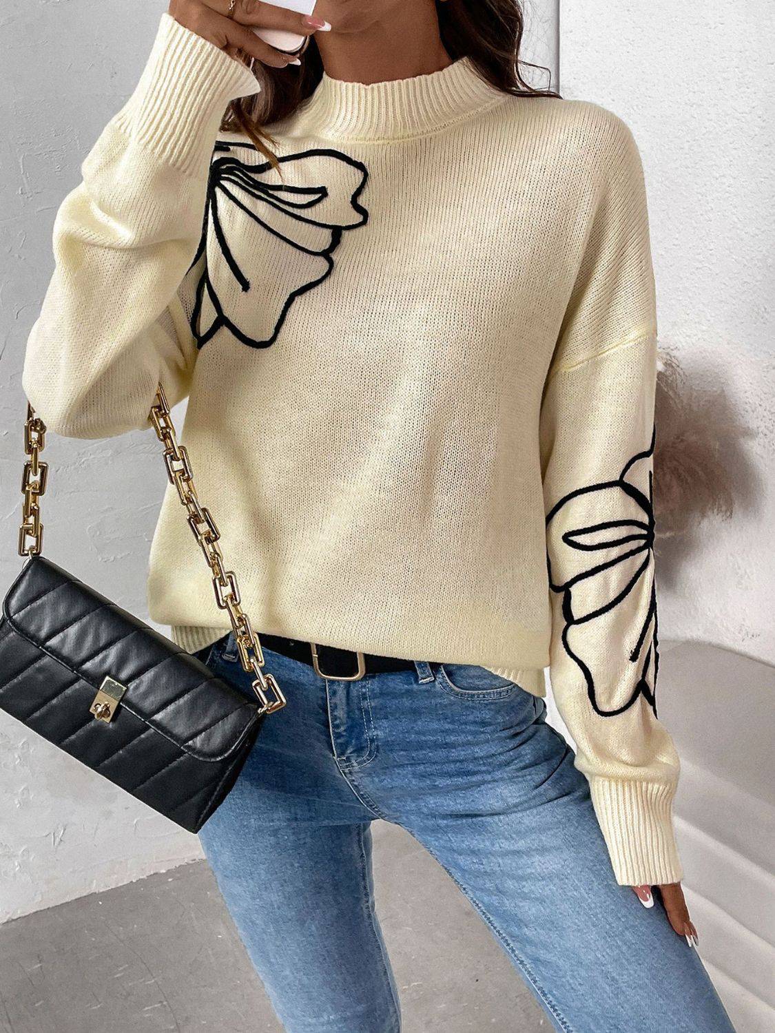 Perfee Mock Neck Dropped Shoulder Long Sleeve Sweater - Carri's Cache