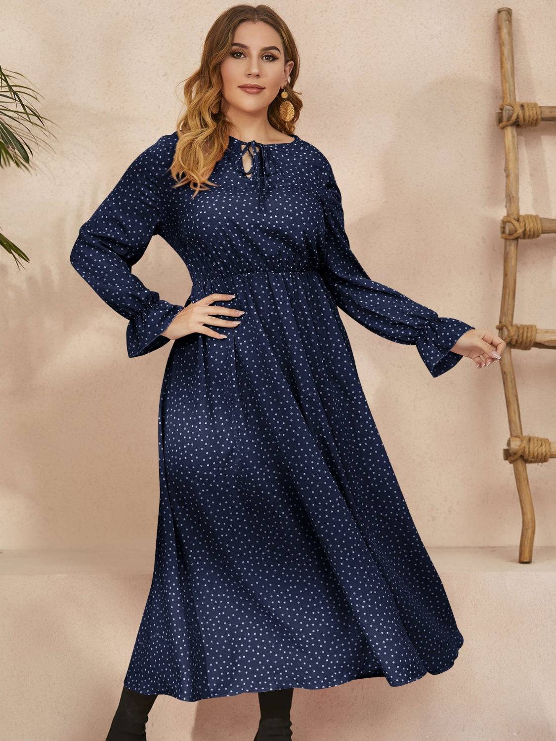 Honey Plus Size Ruffled Polka Dot Long Sleeve Midi Dress - Carri's Cache