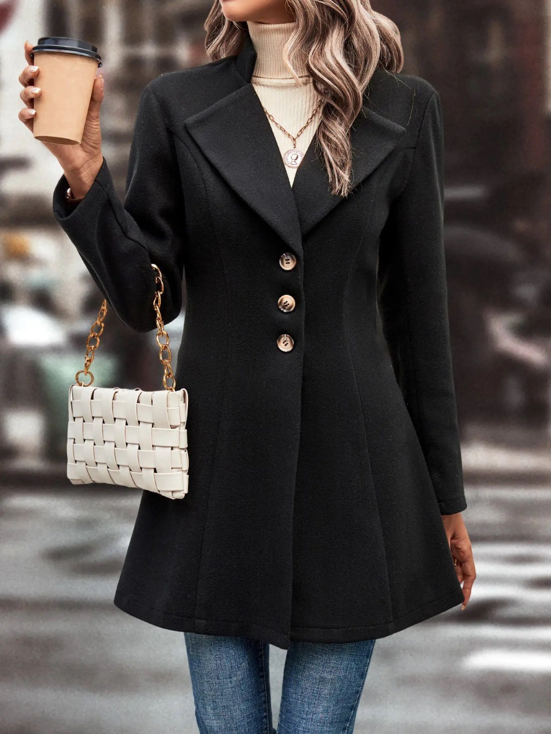 Collared Neck Long Sleeve Longline Coat - Carri's Cache