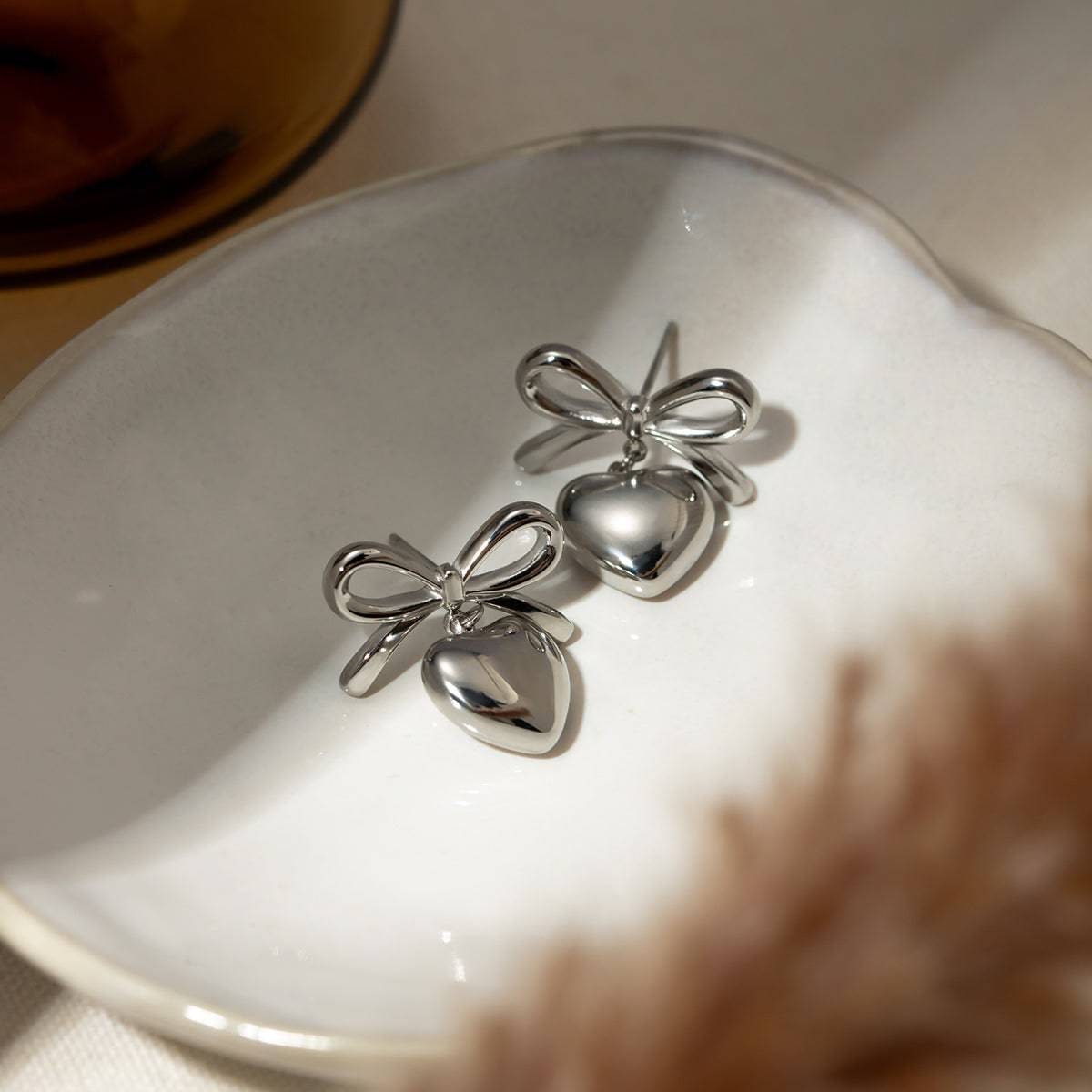 Stainless Steel Bow & Heart Drop Earrings - Carri's Cache